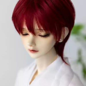 May include: A doll with a short, red wig. The wig has a side part and is styled with a slight wave. The doll is wearing a white shirt.