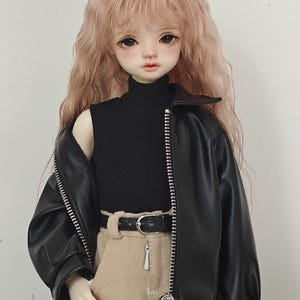 Blouson motard en cuir synthétique polyuréthane noir tenues marron foncé BJD mdd