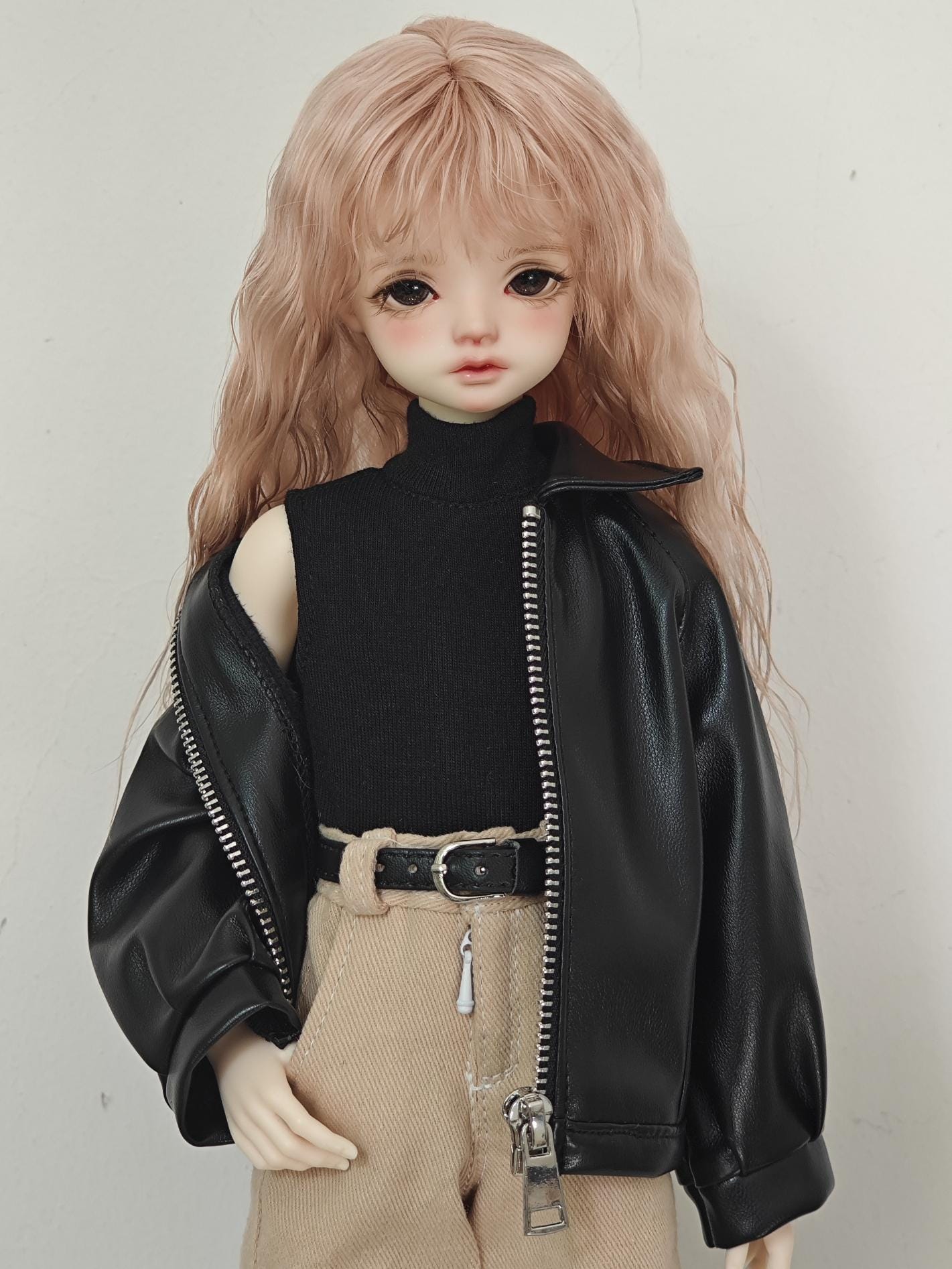 1/4 in Stock Biker Jacket Black PU Leather Dark Brown