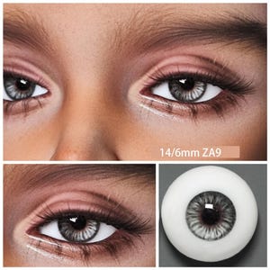 May include: Close-up of two gray eyes with long eyelashes and the text "14/6mm ZA9". The eyes are set against a light skin tone. A single eye is also shown, with a white sclera and gray iris.