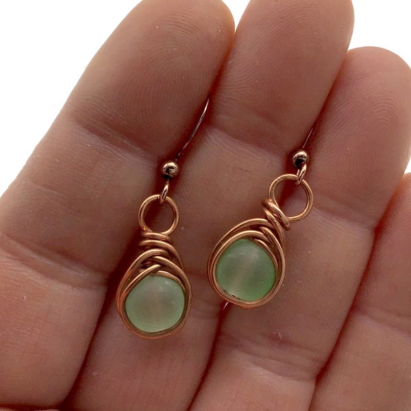 Copper Cultured Sea Glass Earrings, Gift for Beach Lover, Gift for Her, Green Beach Glass Earrings, Natural Copper Fish Hook , Boho Style