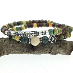 African Turquoise River Stone Wrap Bracelet, Picasso Bead Stretch Bracelet, Tibetan Silver Bracelet, Gift for Her, Boho Style, Funky Fun