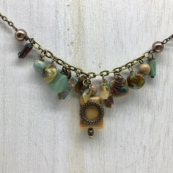 Handmade Assemblage Choker, Mixed Jasper Necklace, Beige Aqua Bib Necklace, Gift for Her, Antique Brass Statement Necklace, Boho Style Funky