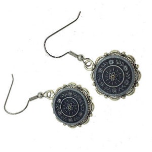 Vintage Silver Metal Button Dangle Earrings, Floral Design Button Earrings, Re-Purposed Button Jewelry, Up-Cycled Jewelry, Gift for Her, Fun