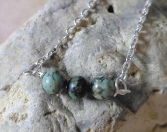 African Turquoise Silverplate Choker: Three Bead Gemstone Necklace