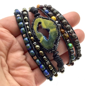 Handmade Titanium Druzy Art Bead Wrap Bracelet, Leather Five Wrap Gemstone Bracelet, Gift for Her, Yoga Bracelet, Boho Style Cool, Fun Funky