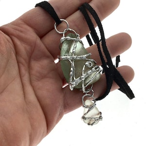 Genuine Pale Aqua and Frosted Sea Glass and Black Suede Necklace, Silver Embellished Beach Glass Necklace, Unique Beach Glass Choker, Funky