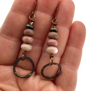 Handmade Pink Rhodochrosite Earrings, Boho Dangle Earrings, Gemstone Copper Earrings,  Rustic Earrings, Gift for Her, Boho Jewelry Style