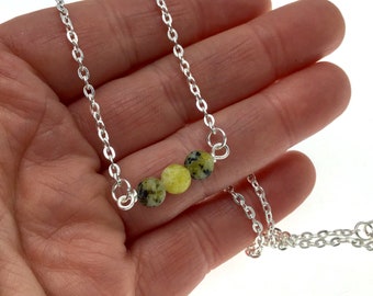 Green Australian Opal Silverplate Choker, Healing Gemstone, Gift for Her, Yellow Green  Necklace, Simple Silver Necklace, Three Bead Choker