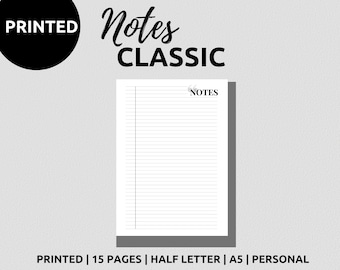 May include: A black and white image of a lined notebook with the word "NOTES" printed at the top. The notebook is labeled "PRINTED | 15 PAGES | HALF LETTER | A5 | PERSONAL".