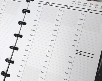 May include: A black and white planner with a daily schedule for the week. The planner has a black cover with the word "TODAY" printed on it. The planner is open to the Thursday, Friday, Saturday, and Sunday pages. Each page has a column for the time of day, from 6am to 8pm.