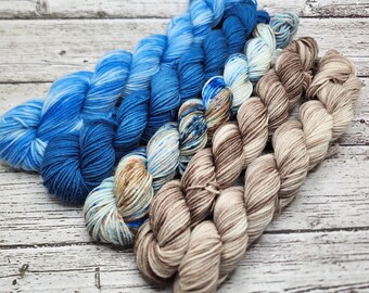 Hand dyed mini skein sock yarn - set of 5, 75/25 superwash merino wool - blue, brown, speckles, 20 gram minis