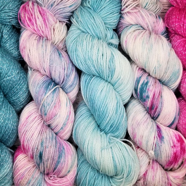 Hand dyed sock yarn - superwash merino, pink, turquoise, taupe, speckles, sparkle, tonal