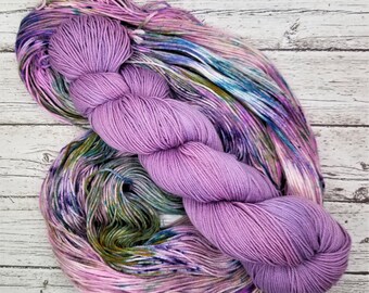 Hand dyed sock yarn - Iridescent purple, pink, superwash merino, variegated pink, purple, green, blue, speckles