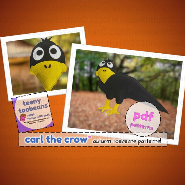 Autumn Teeny Toebeans™ Carl the Crow PDF Felt Sewing Patterns Pack! DIY; tutorials; fall; autumn; plushie; applique; bird; blackbird; raven
