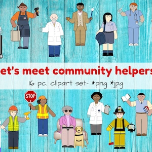 Let&#39;s Meet Community Helpers! 16 pc. clipart set, education, child, speech therapy, early childhood, ELL, digital, green screen