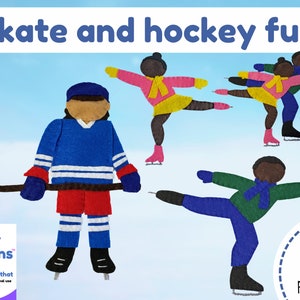 Op de afbeelding: Een set van vier viltpatronen om een ​​hockeyer en drie schaatsers te maken. De patronen zijn gedrukt op wit papier met de tekst "skate and hockey fun" en "pdf patterns" in roze en blauw. De patronen zijn ontworpen voor kinderen en bevatten een verscheidenheid aan kleuren, waaronder blauw, rood, groen, geel, roze en bruin.