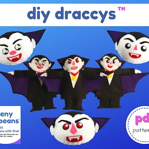May include: Five felt vampire puppets with purple capes and black suits. The puppets have white faces with red eyes and mouths. The text "diy draccys™" is at the top of the image. The text "teeny toebeans" is in the bottom left corner of the image. The text "pdf patterns" is in the bottom right corner of the image.