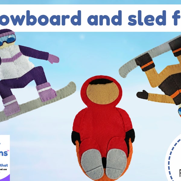 Snowboard and sled fun PDF Felt Sewing Patterns Teeny Toebeans™ Pack! DIY  tutorial applique snow snowboard snowboarder sled sledder