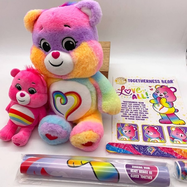 NIB TOGETHERNESS Care Bears gift set- 2 rainbow bears/bracelet/poster/stickers
