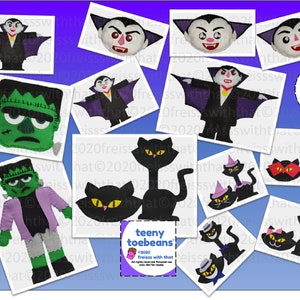 Op de afbeelding: Een set met vilt Halloween-personagepatronen om te naaien. De patronen omvatten een vampier, Frankenstein en zwarte katten. De patronen zijn beschikbaar als PDF-download. De tekst op de afbeelding luidt "teeny toebeans" en "freiss with that".