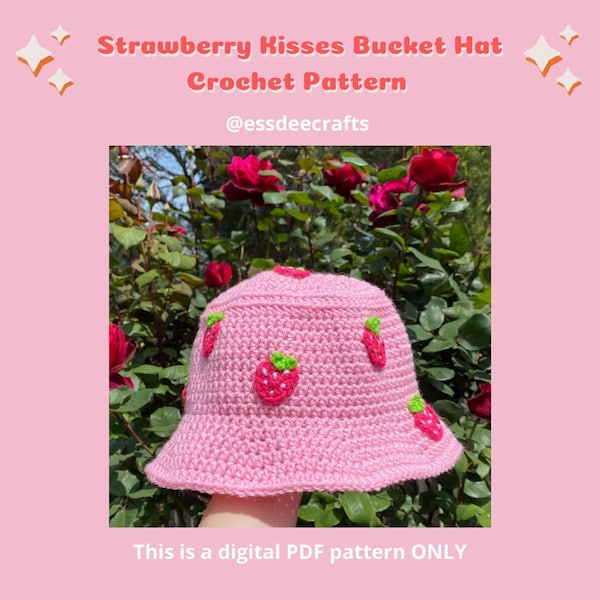 Crochet Pattern - Strawberry Kisses Bucket Hat by @essdeecrafts (PDF ONLY)|Strawberry Shortcake Hat|Cute Crochet|Pink|Coquette|Cottage Core