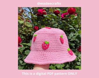 Crochet Pattern - Strawberry Kisses Bucket Hat by @essdeecrafts (PDF ONLY)|Strawberry Shortcake Hat|Cute Crochet|Pink|Coquette|Cottage Core