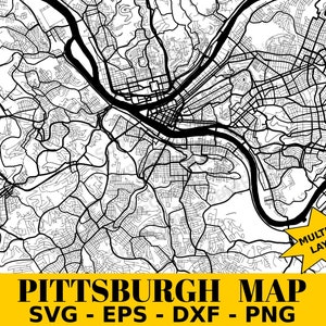 Pittsburgh Map, Multiple layers map | Detailed Pittsburgh Map for Laser Engraving | Vector Image | Digital Download | Wall Print