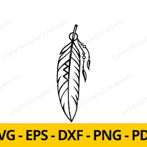 May include: Black and white feather design with decorative elements. The feather has a zig-zag pattern and is adorned with small beads and dangling shapes. The image includes the text "SVG - EPS - DXF - PNG - PDF" in a yellow banner.