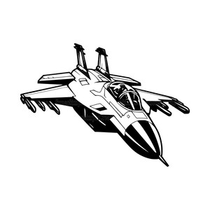 Puede incluir: Una ilustraci&oacute;n en blanco y negro de un avi&oacute;n de combate con una cabina y alas. El avi&oacute;n est&aacute; volando en el aire.