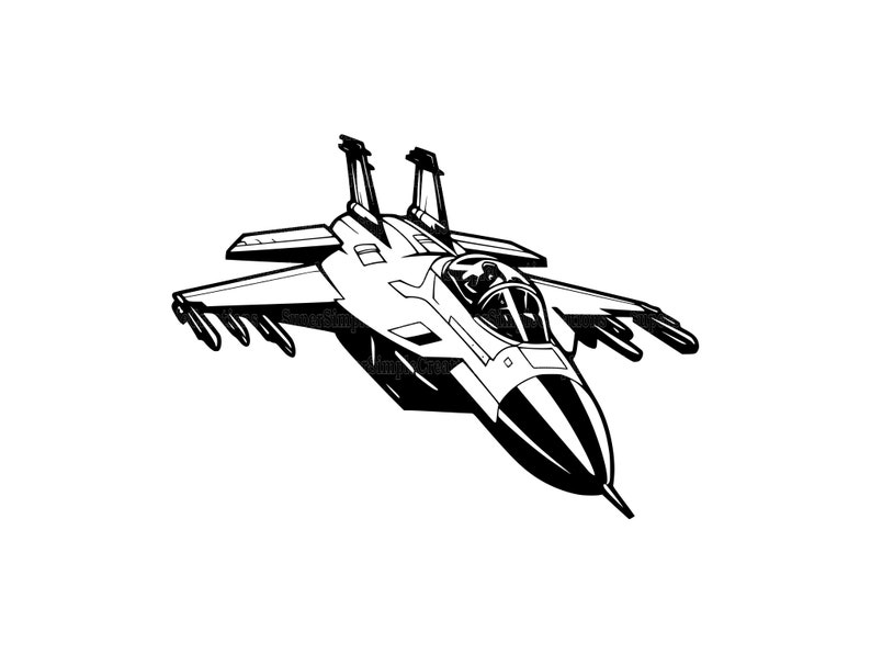Puede incluir: Una ilustraci&oacute;n en blanco y negro de un avi&oacute;n de combate con una cabina y alas. El avi&oacute;n est&aacute; volando en el aire.