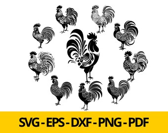 10 Rooster SVG Files for Cricut and Silhouette Crafts - Chicken Clipart Digital Download for T-Shirts, Stickers, Farmhouse Decor & More