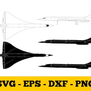 Puede incluir: Ilustración en blanco y negro de línea de arte de un avión supersónico Concorde en cinco vistas diferentes. La ilustración es adecuada para usar como elemento de diseño para una variedad de proyectos.