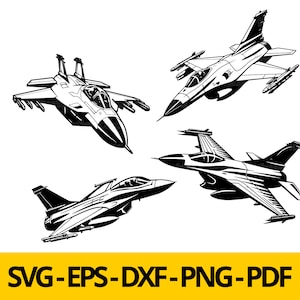 May include: Four black and white silhouette illustrations of fighter jets. The jets are in different positions and angles. The images are suitable for use as cut files for crafting projects.
