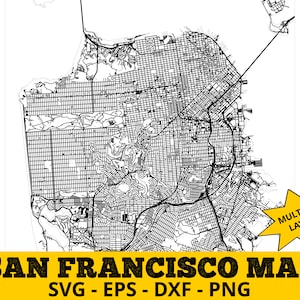Könnte beinhalten: Schwarz-weiße Linienkarte von San Francisco, Kalifornien. Die Karte enthält Straßennamen und wichtige Sehenswürdigkeiten. Der Text "Multiple Layers" befindet sich in einer gelben Sternform unten rechts. Der Text "San Francisco Map" ist in fetten schwarzen Buchstaben auf gelbem Hintergrund. Der Text "SVG - EPS - DXF - PNG" ist in schwarzen Buchstaben auf gelbem Hintergrund.