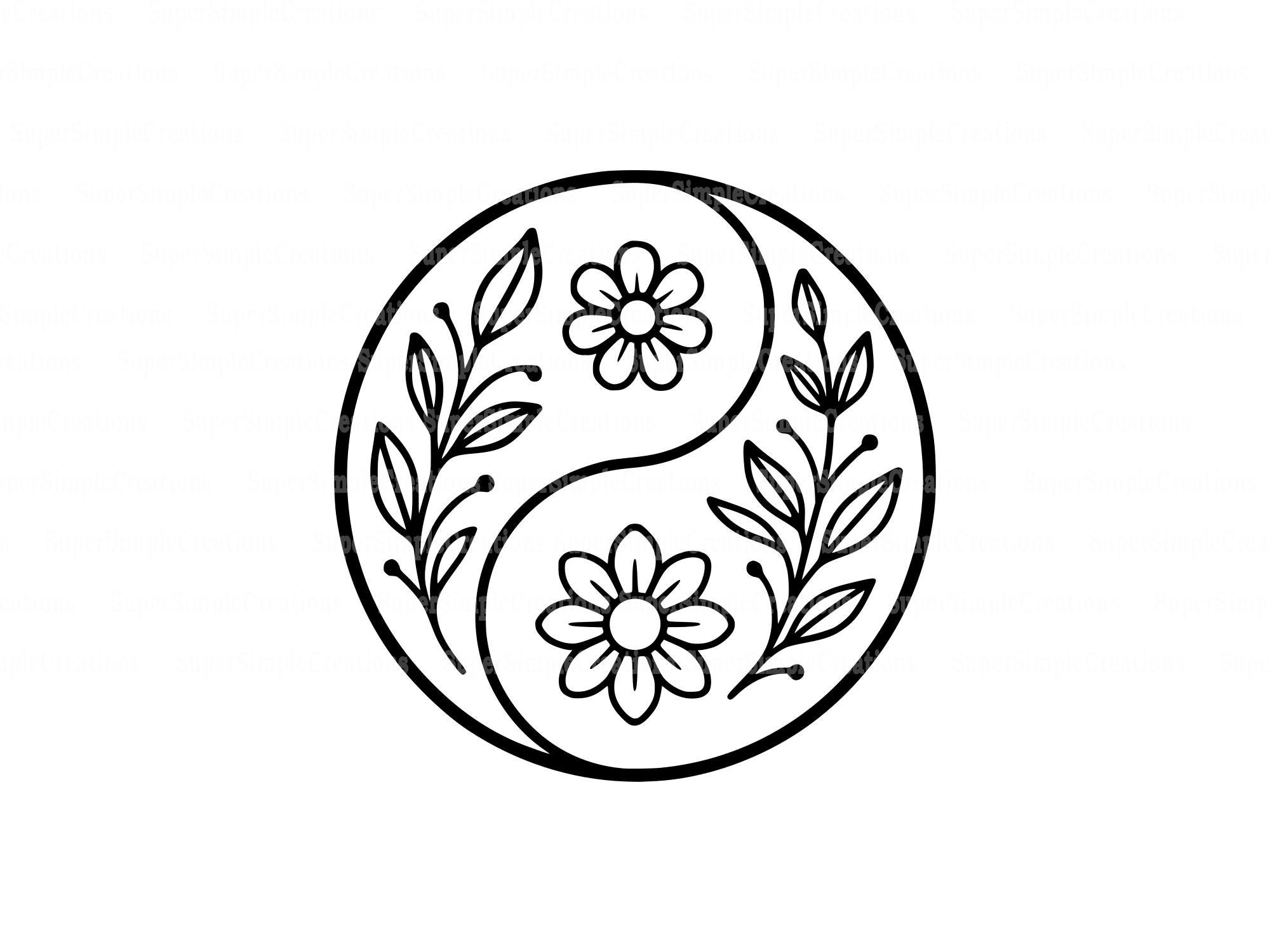 Yin Yang Svg With Floral Line Art | Minimalist Botanical Yin Yang
