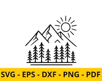 May include: Black and white line art illustration of a mountain range with a sun and pine trees. The image includes the text "SVG - EPS - DXF - PNG - PDF" in a yellow banner at the bottom.