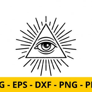 Puede incluir: Gráfico en blanco y negro de un ojo dentro de un triángulo, rodeado de líneas radiantes. El texto "SVG - EPS - DXF - PNG - PDF" aparece en una pancarta amarilla. Ideal para proyectos digitales.