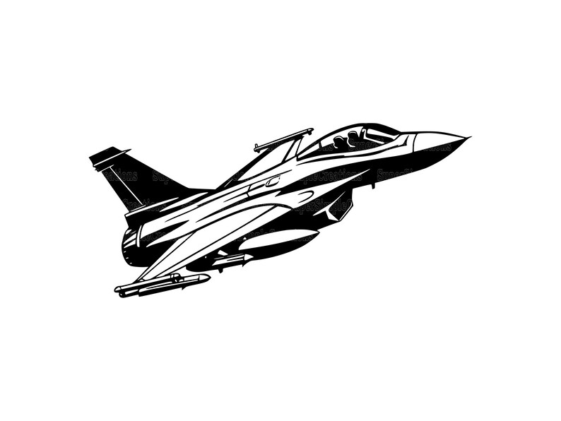 Puede incluir: Ilustraci&oacute;n en blanco y negro de un avi&oacute;n de combate en vuelo. El avi&oacute;n est&aacute; ligeramente inclinado hacia la derecha y tiene una nariz larga y puntiaguda.
