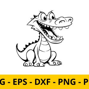 May include: A black and white line drawing of a cartoon alligator with a wide open mouth and a big smile.