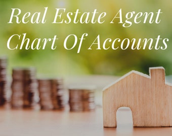 May include: A wooden house model sits on a table in front of a blurred background of stacked coins. The text "Real Estate Agent Chart Of Accounts" is written in white on a green background.