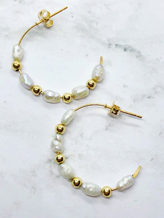 Vintage Yellow Gold Bead & Rice Pearl Hoop Earring