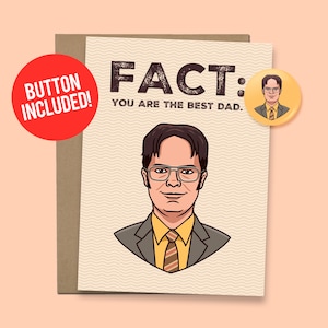 The Office Fathers Day Card voor vader of echtgenoot | Dwight Schrute Feitencadeau, 60 lb. Karton + 1,5" knop
