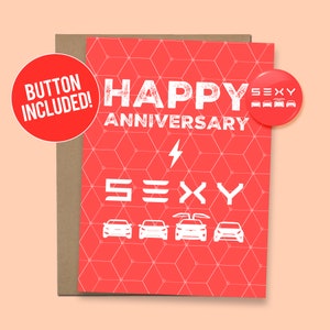 Lustige Tesla Karte Jahrestag | "Happy Jubiläum Sexy" mit Button Bild 1