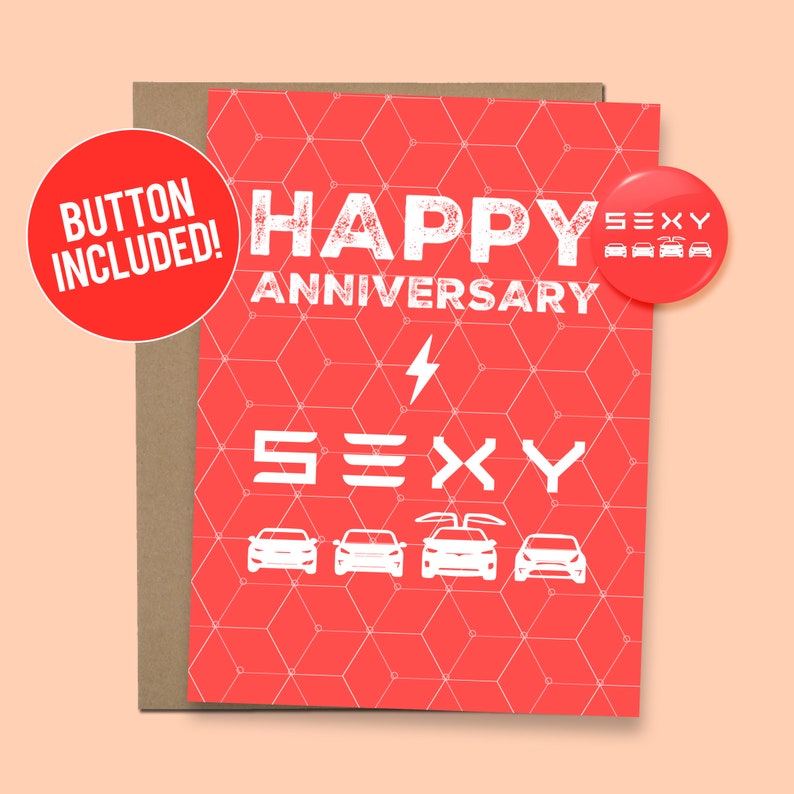 Lustige Tesla Karte Jahrestag | "Happy Jubiläum Sexy" mit Button Bild 1