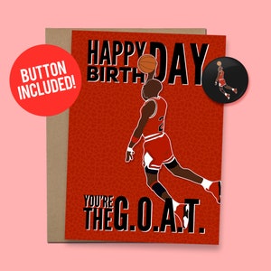 Carte d'anniversaire inspirée de Michael Jordan Basketball G.O.A.T. | Carte-cadeau d'anniversaire de basket-ball, 60 lb Papier cartonné + bouton 1,5 po.