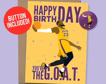 Lebron James Inspired Birthday Card Basketball G.O.A.T. | Basketball Birthday Card Gift, 60lb. Card stock + 1.5&quot; Button