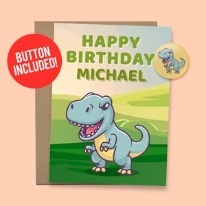 Personalisierte Dinosaurier Geburtstagskarte für Kinder | Personalisierte Geburtstagskarte, 60lb. Kartenvorrat + 1,5" Knopf