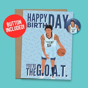 Ja Morant inspiriert Geburtstagskarte Basketball G.O.A.T. | Basketball Geburtstagskarte Geschenk, 60lb. Karton + 1.5"Button