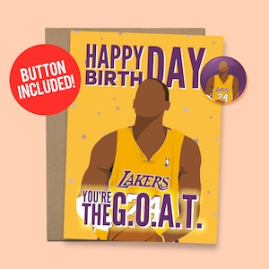 Kobe Bryant ispirato biglietto di auguri di compleanno G.O.A.T. di basket / biglietto di auguri di compleanno di basket regalo, cartoncino da 60 libbre + bottone da 1,5"